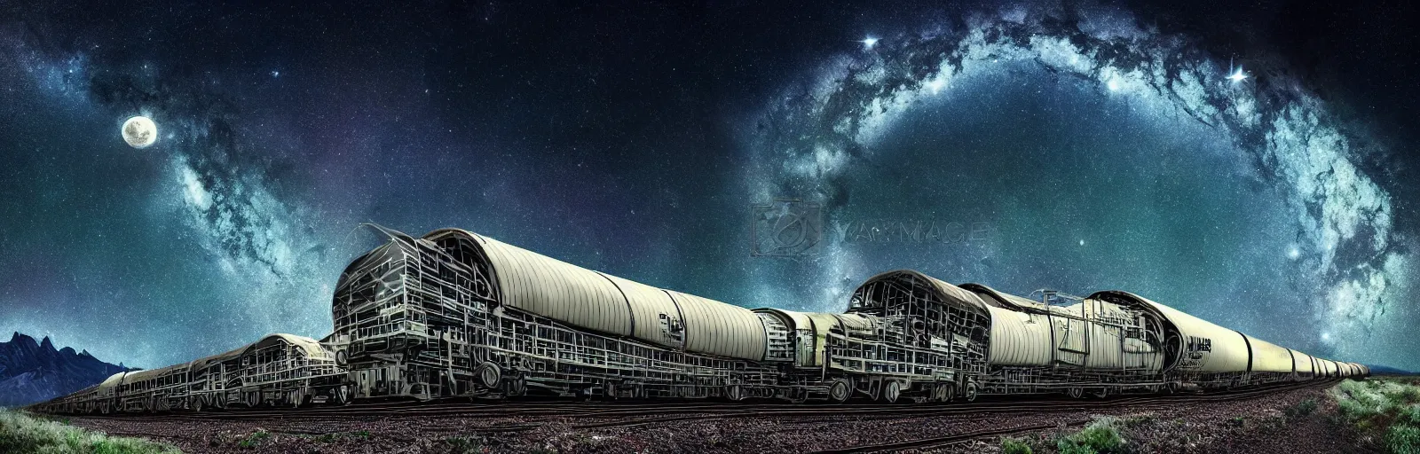 Prompt: Really long organic cronenberg rocket train scaling spiraling a towering mountain starry moonlit night sky, amazing digital art 4k