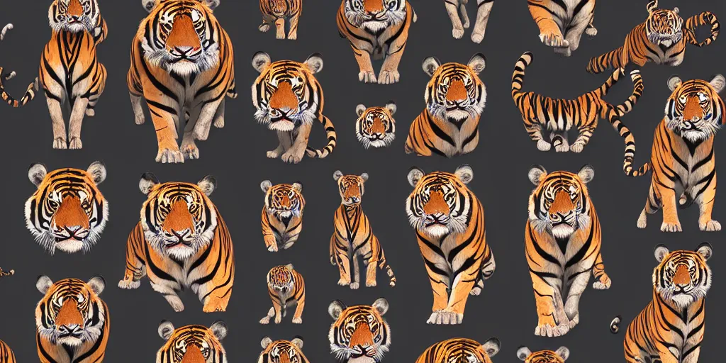 Prompt: game asset of unique symmetrical tiger heads on black background, organic, in gouache detailed paintings, props, stylized, 2 d sprites, kitbash, 8 k, close up