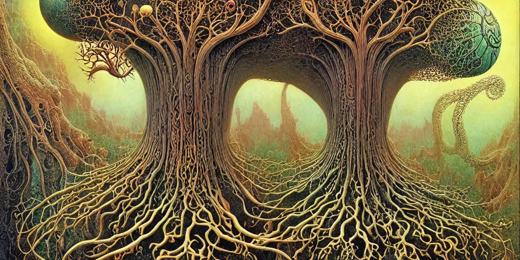 Image similar to tree of life by roger dean and andrew ferez, art forms of nature by ernst haeckel, divine chaos engine, symbolist, visionary, art nouveau, botanical fractal structures, organic, detailed, realistic, surreality