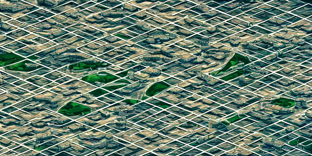 Image similar to endless suburbs, film still from the truman show, aerial isometric