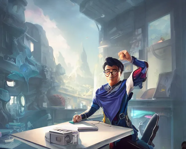 Image similar to an insanely detailed painting of a nerdy asian man wearing a superhero costume, sitting at a desk, staring at the nervously at the computer and typing, in the style of peter mohrbacher, dramatic lighting and composition, octane render, pixar, trending on artstation, concept art, comic book, view from behind