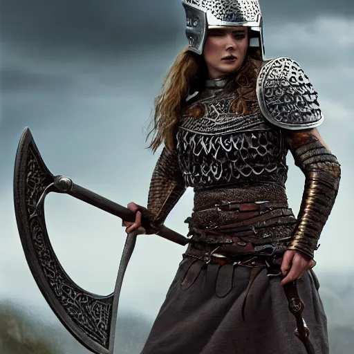 Prompt: Photo of a majestic fierce viking woman wearing a viking helmet, metal armor made of chainmail, leader, fear, awe, highly detailed, viking attire, cinematic, 8k, 1080s, by Stanley Artgermm, Tom Bagshaw, Greg Rutkowski, Vincent di Fate, Carne Griffiths, Ayami Kojima, trending on DeviantArt, hyper detailed, full of color, digital art,