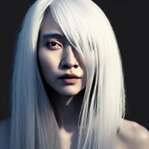 Prompt: a woman with long white hair standing in front of a black background, an ambient occlusion render by hsiao - ron cheng, dreadlocks featured on pixiv, generative art, ambient occlusion, zbrush, genderless