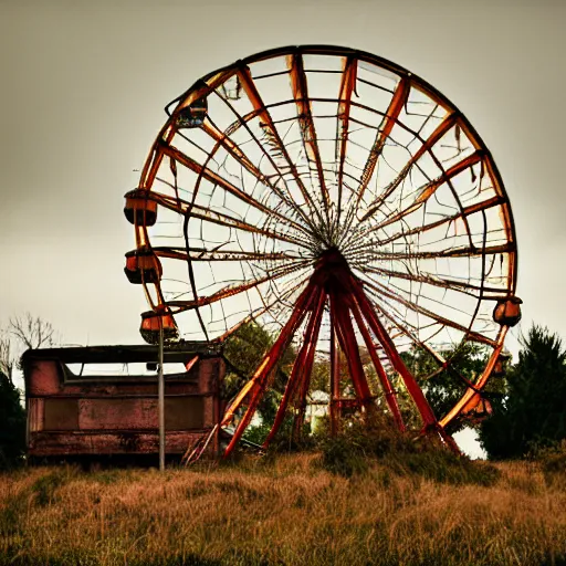 Image similar to an old abandoned rusty ferris wheel, in a town filled with pale yellow mist. Grainy. Award-winning photo. Sigma 40mm f/1.4 DG HSM