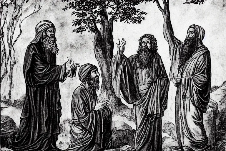 Prompt: old. photogrqph of moses talking to burning bush