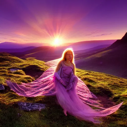 Prompt: lovely and mystical nature fairy in a beautiful alpine high moorland landscape, Fai, sunrise, Provia, Velvia, Fujiifilm Superia