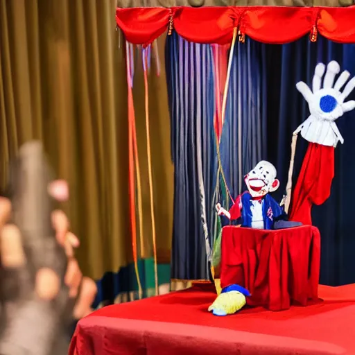 Image similar to puppet show with a puppeteer using a string marionette of a president with clown makeup in a podium