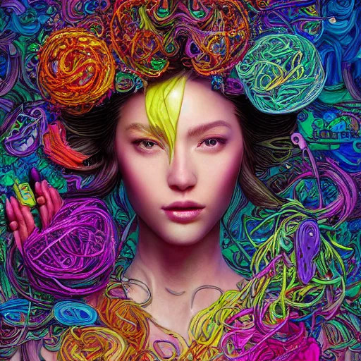 Image similar to the portrait of a ridiculously beautiful and elegant woman partially made of onion rings of all colors, an ultrafine detailed illustration by james jean, final fantasy, intricate linework, bright colors, behance contest winner, vanitas, angular, altermodern, unreal engine 5 highly rendered, global illumination, radiant light, detailed and intricate environment