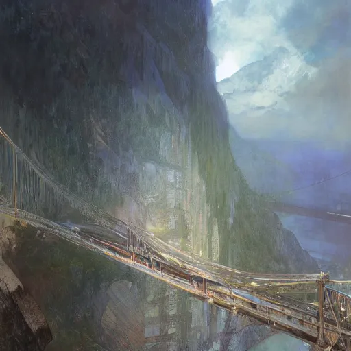 Image similar to hyperrealist portrait of a vast cliff face with one enormous futuristic building jutting out with a bridge to it and suspension cables, over a masive river valley at night by jeremy mann and alphonse mucha and alan lee, fantasy art, photo realistic, dynamic lighting, artstation, poster, volumetric lighting, very detailed faces, award winning, full face, symmetry