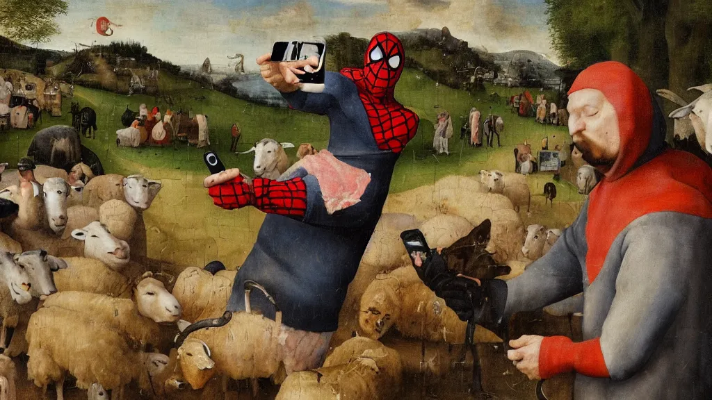 Image similar to A butcher and sheep wearing a spiderman costume taking a selfie smiling, in the fashion of Hieronymus Bosch, oil on canvas, painting, 4k, wide shot