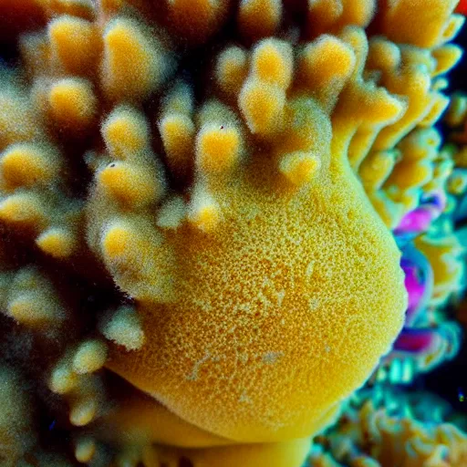 Image similar to High detailed shot of a Sponge that looks exactly like Spongebob found along a coral reef