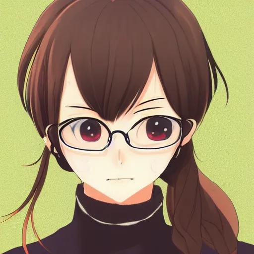 Prompt: Anime style. Manga linework. Anime girl. Brown hair. adorable cute demure anime librarian wearing woolen sleeveless turtleneck. glasses girl. view from above. boyfriend angle. hd upscaled pixiv. sharp focus. trending image.