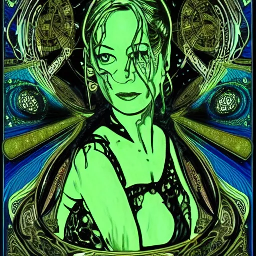 Image similar to young Jeri Ryan in the role of Seven of Nine the Borg from star trek, art nouveau, amazing details, intricate details, beautiful ,insane details , tarot card, black paper, neon green, fractal system circuit , in the style of Alphonse Mucha,