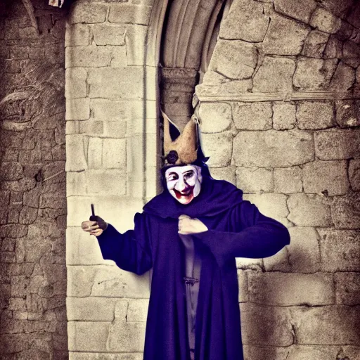 Image similar to medieval jester laughing, sinister, photograph, portrait,