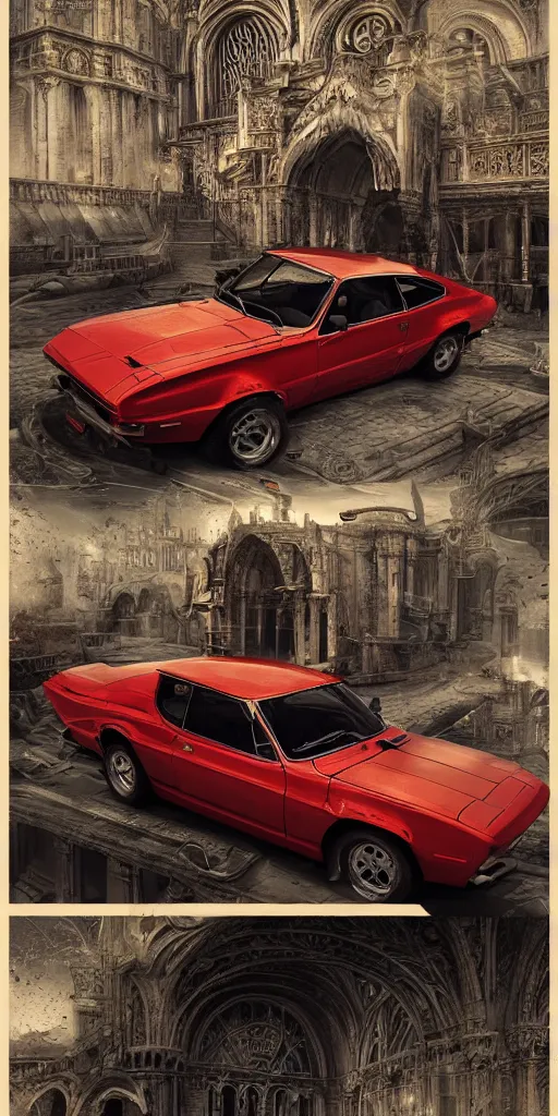 Prompt: red 70s Ford Capri, in style of Dark Souls 3, insanely detailed and intricate, golden ratio, elegant, ornate, luxury, elite, ominous, haunting, matte painting, cinematic, cgsociety, James jean, Brian froud, ross tran, Laputa, vivid and vibrant