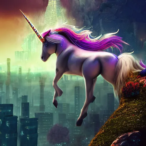 Image similar to a iridescent unicorn on a cliff overlooking a dystopian city covered in colorful toxic smog, ultra realistic, concept art, intricate details, highly detailed, photorealistic, octane render, 8 k, fantasy art, masterpiece