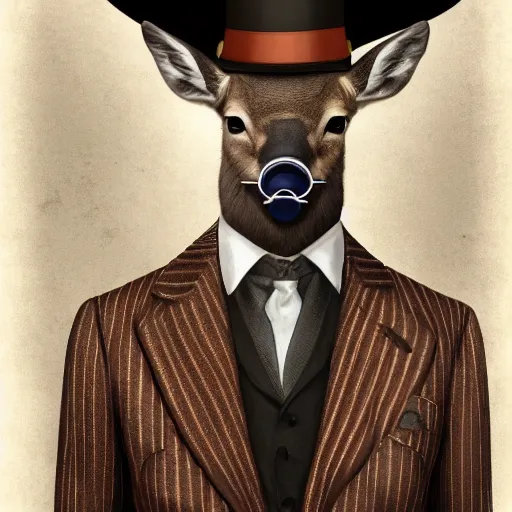 Image similar to a upper body portrait of a deer lord in a pinstriped suit and pants wearing a monocle and a fedora by artgerm and wlop, intricate detail, digital art, photorealistic, trending on artstation