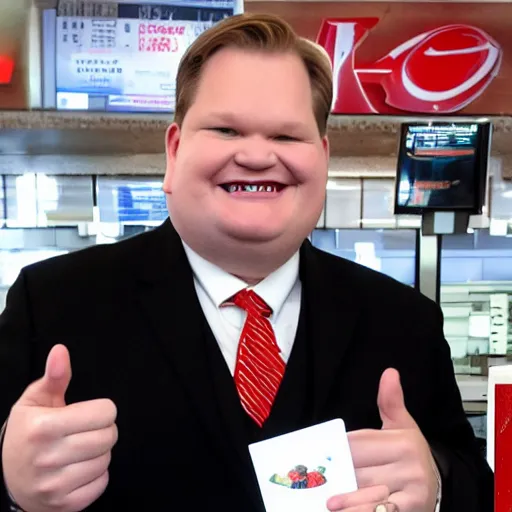 Prompt: Andy Richter wearing a black suit and necktie standing at the cashier counter at KFC paying with a card, a bucket of KFC chicken is on the counter