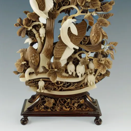 Image similar to a intricate ivory carving sculpture with birds and lemons and jungle leaves, ornate, complex, highly detailed, fine detail