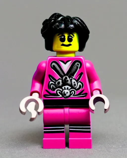 Image similar to a minifigure of a goth girl wearing pink, icp juggalo clown make up