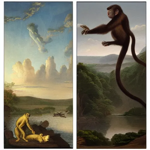 Image similar to evolution from monkey to man, 4 pictures, in the style of the Hudson River School