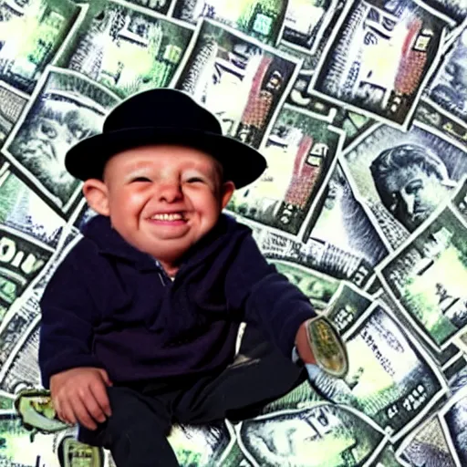 Image similar to a very small man sitting, happy on a large pile of money, brewster millions