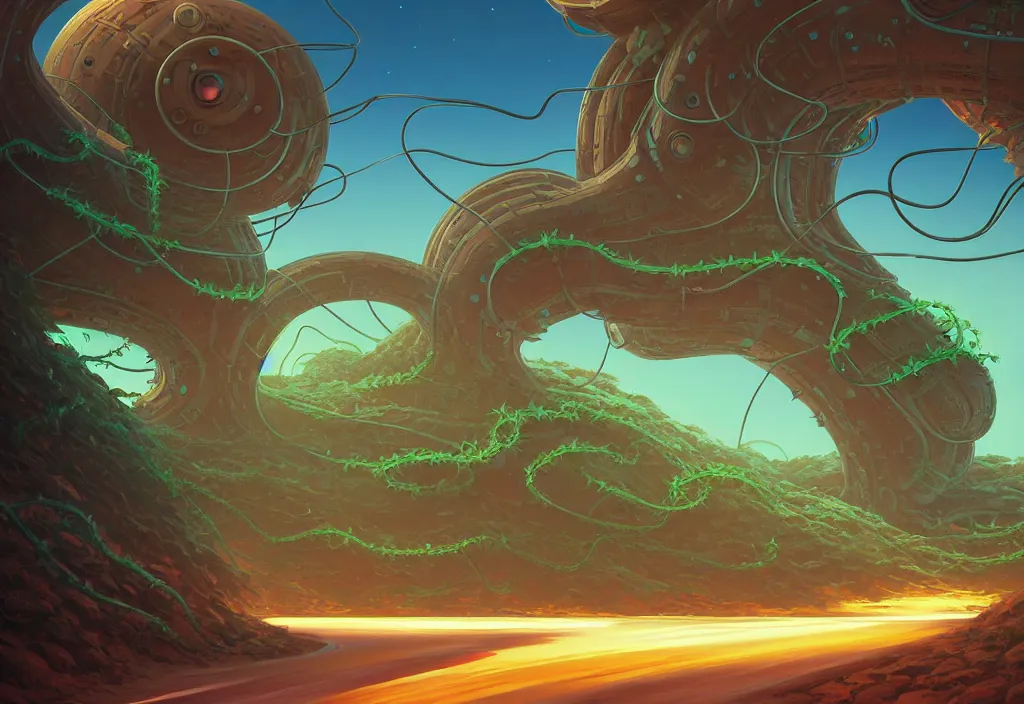 Image similar to futuristic road sign and alien vines on an arid planet, intricate oil painting, high detail illustration, sharp high detail, manga and anime 1 9 9 9, official fanart behance hd artstation by jesper ejsing and makoto shinkai, 4 k,