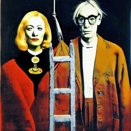 Image similar to salvador dali and andy warhol in the style of american gothic