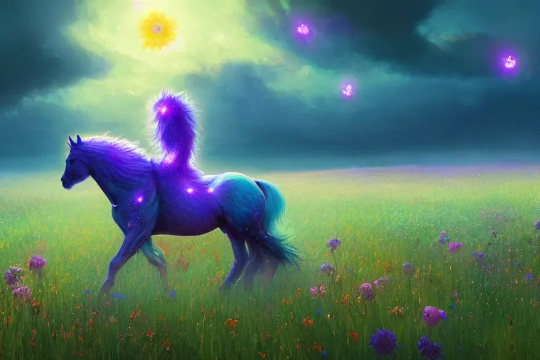 Image similar to a stunning digital painting of a horse with a mane of bioluminescent flowers running through a field of flowers by greg rutkowski, flowerpunk, volumetric light, digital art, fine detail, photorealistic