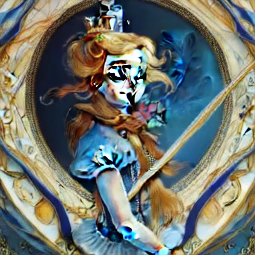 Image similar to movie poster of \'alice in wonderland\', wearing blue and white armor, fantasy, intricate, elegant, highly detailed, digital painting, artstation, concept art, smooth, sharp focus, illustration, art by Fernanda Suarez and Artem Demura and alphonse mucha