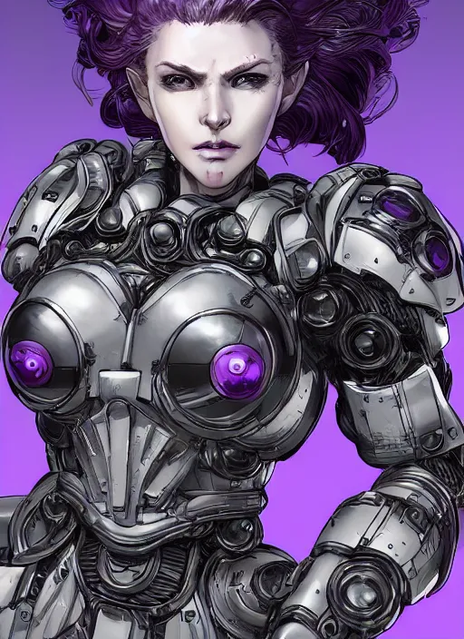 Prompt: close up portrait of a pale woman in sci - fi power armor with purple hair, powerful, domineering, stoic, masterful, intense, ultrafine hyperdetailed illustration by kim jung gi, irakli nadar, intricate linework, sharp focus, octopath traveler, yoji shinkawa, highly rendered, detailed, concept art