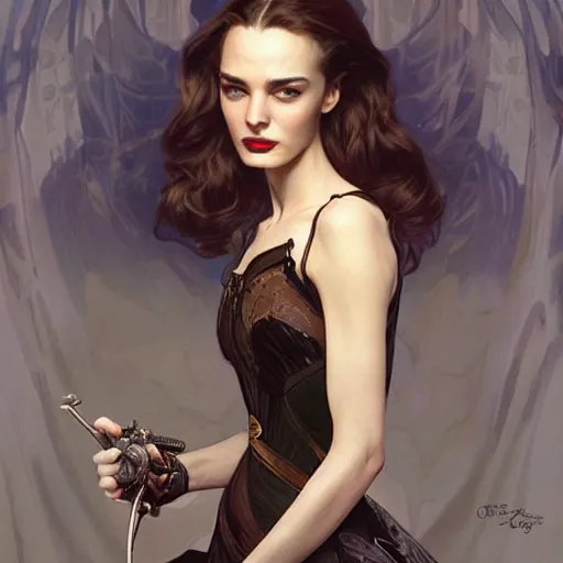 Image similar to “ daria strokous as a movie femme fatale with evil grin, intricate, elegant, highly detailed, digital painting, artstation, concept art, smooth, sharp focus uhd 8 k, art by artgerm and greg rutkowski and alphonse mucha ”