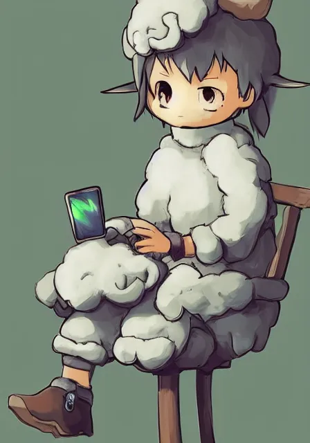 Image similar to beautiful little boy wearing sheep suit using a smartphone while sitting on chair, gray, blue, green and brown pallet color. made in abyss art style, inspired in kris from deltarrune, cute detailed artwork, anatomically correct, soft details,, reflection