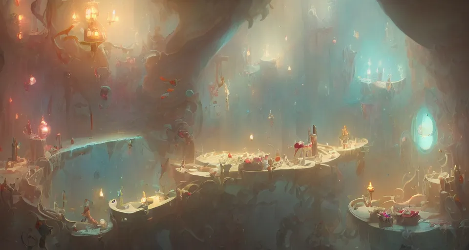 Prompt: a room built entirely out of white teacups by peter mohrbacher, vivid colors, matte painting, 8K, concept art, mystical color scheme, trending on artstation