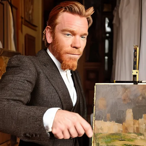 Image similar to ewan mcgregor is dressed as a gentleman at early 2 0 th century paris. he is watching an easel. that easel has a canvas on it. ewan mcgregor has a brush on his hand. he is painting a painting. realistic painting with strong outlines