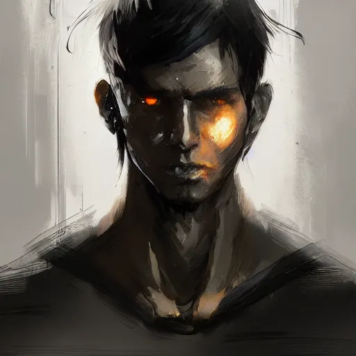 Image similar to anime portrait of a cyborg man by greg rutkowski, he is about 3 0 years old, indian, very tall and slender, messy long black hair, he is wearing a black t - shirt, highly detailed portrait, digital painting, artstation, concept art, smooth, sharp foccus ilustration, artstation hq