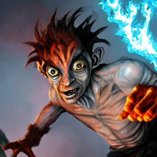 Image similar to An epic fantasy comic book style portrait painting of young Gollum with red spiked long hair, using an orange lens googles. Wearing white shirt, a black waistcoat, brown pants and black boots. He is throwing a wild fire blast from his hands, with a vicious smile in face. Unreal 5, DAZ, hyperrealistic, octane render, cosplay, RPG portrait, dynamic lighting , 8k ,