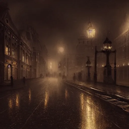 Image similar to victorian city, dark, misty, at night, 8 k, detailed, concept art, trending on artstation