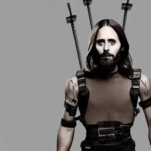 Prompt: photo of a man with a bomb strapped to him in mid - explosion played by jared leto