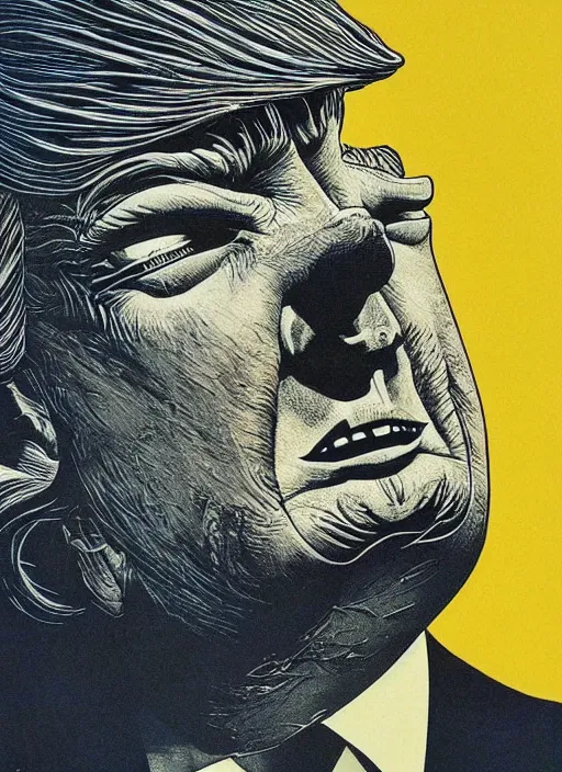 Image similar to donald trump's disgusting true form burstin from within, horror, high details, intricate details, by vincent di fate, artgerm julie bell beeple, 1 9 8 0 s, inking, vintage 8 0 s print, screen print