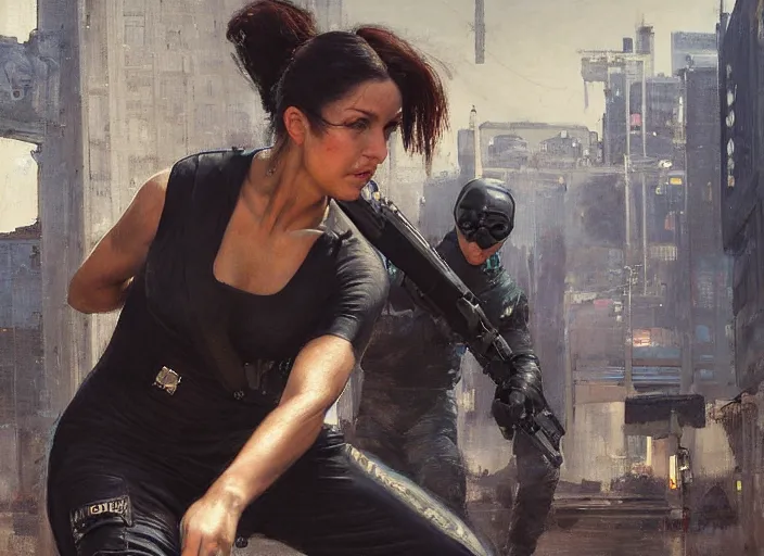 Prompt: Maria evades sgt Nash. Cyberpunk hacker in jumpsuit escaping menacing police troopers (blade runner 2049). beautiful face. kickboxing. Iranian orientalist portrait by john william waterhouse and Edwin Longsden Long and Theodore Ralli and Nasreddine Dinet, oil on canvas. Cinematic, hyper realism, realistic proportions, dramatic lighting, high detail 4k