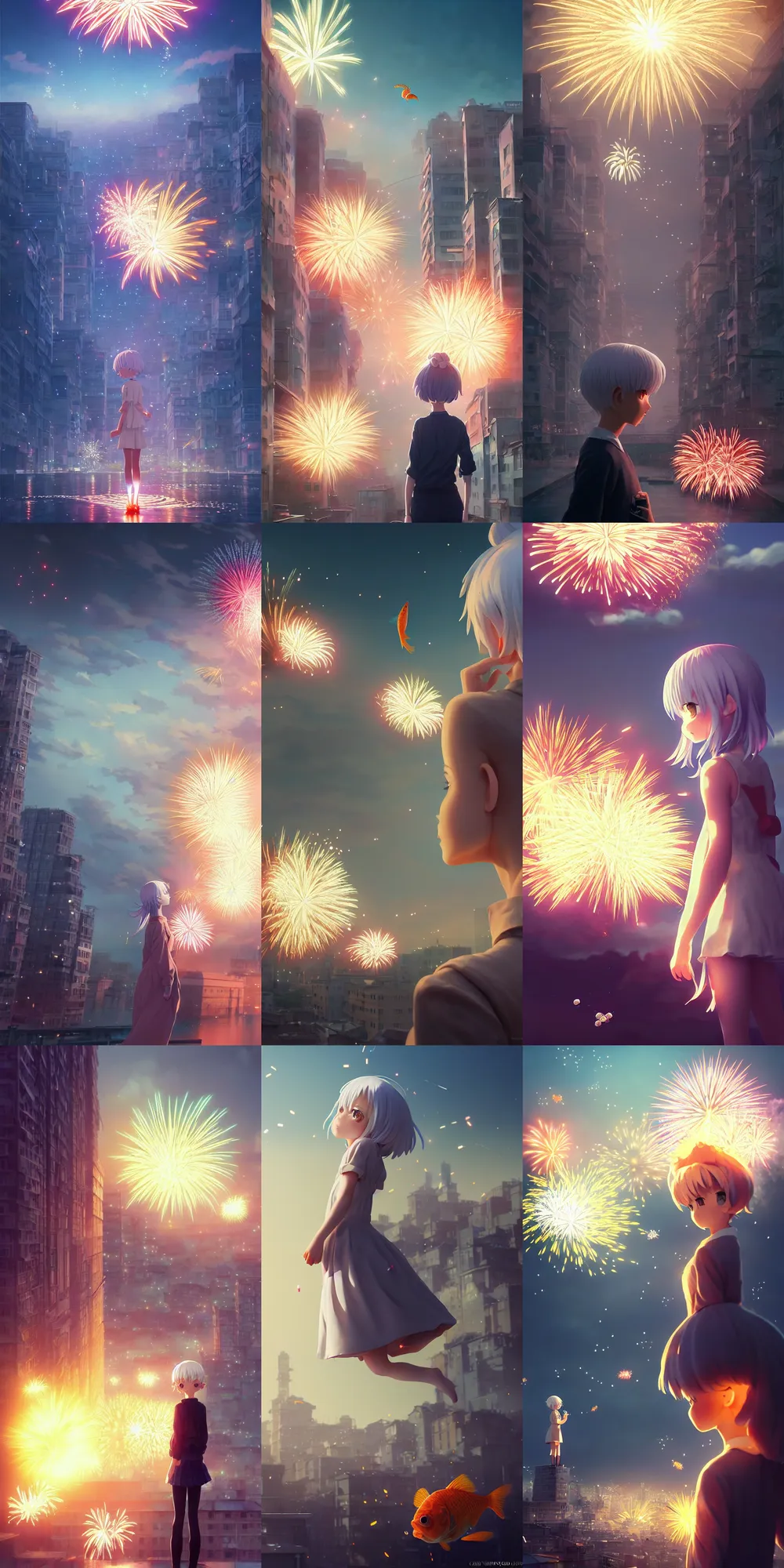 Prompt: firework and goldfish in the sky, white hair girl, by kyoto animation, insanely detailed. instagram photo, kodak portra. by wlop, ilya kuvshinov, krenz cushart, greg rutkowski, pixiv. zbrush sculpt, octane, maya, houdini, vfx. huge cityscape. cinematic dramatic atmosphere, sharp focus, volumetric lighting