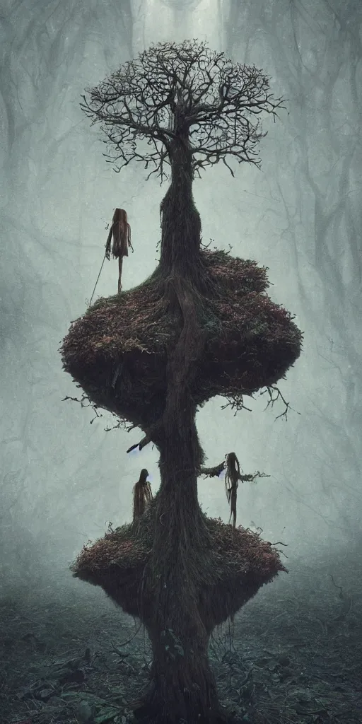 Image similar to a witch in the woods controls floating computer keyboards, magic surrealism, Beksinski, MC Escher, very coherent symmetrical artwork. cinematic, hyper realism, high detail, octane render, 8k