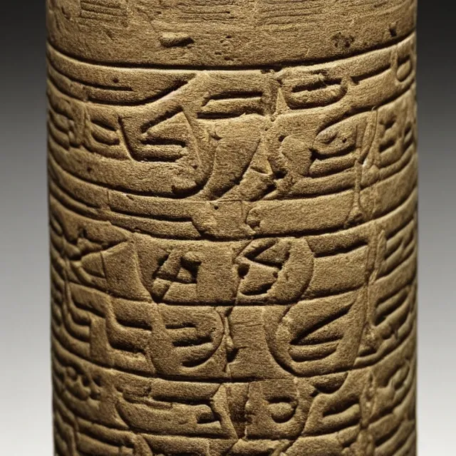 Prompt: a full realistic photo of a tall and thin cylindrical clay scroll jar with two sentences of nabatean aramaic, dark, brooding, atmospheric, volume lighting