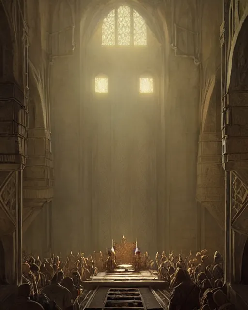 Prompt: middle ages throne room, full of people, dim light | | realistic shaded, fine details, realistic shaded lighting poster by greg rutkowski, diego gisbert llorens, magali villeneuve, artgerm, jeremy lipkin and rob rey