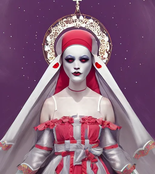 Image similar to beautiful female character inspired by venice carnival, christmas and nun | | digital artwork made by greg rutswork, anna dittmann, rosdraws and lois van barlee, symmetrical, anatomically correct