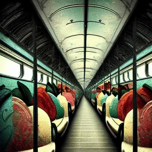 Image similar to a train filled with lonely souls travelling on a train to nowhere impressive scene. grainy and rough. soft colour scheme. beautiful artistic detailed digital art