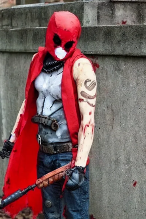 Image similar to red hood cosplay, creepy, disturbing, bloody