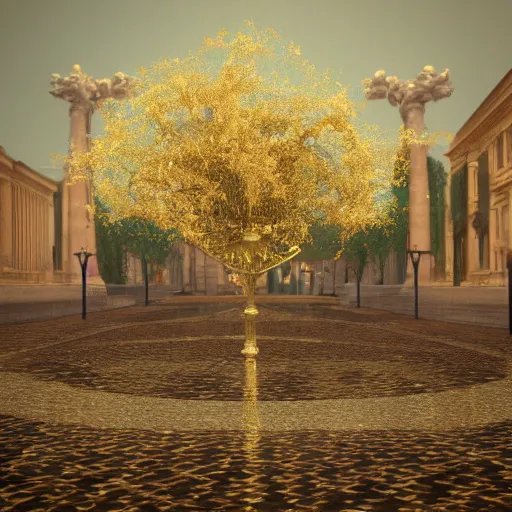 Prompt: 8k, octane render, realism, tonalism, renaissance, rococo, baroque, empty renaissance park, chaotic gold leaf flowers