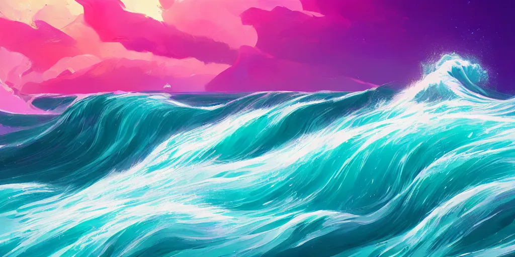 Prompt: A painting of ocean waves, passionately creating tumultuous waves from the wind, by Anton Fadeev, Trending on artstation, 8k quality, vivid colors